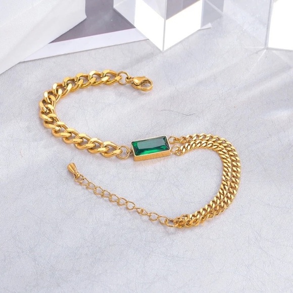 HIGH Quality Simple Hip-Hop Titanium Steel Green Square Zircon Bracelet - Picture 3 of 11